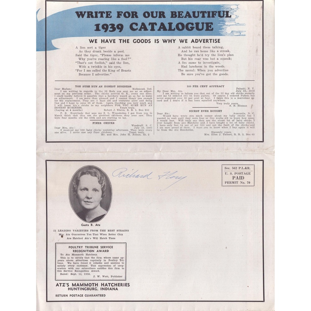 Vtg 1939 Atz's Mammoth Hatcheries Huntingburg Indiana Poultry Chick Catalog Ad - Picture 2 of 2